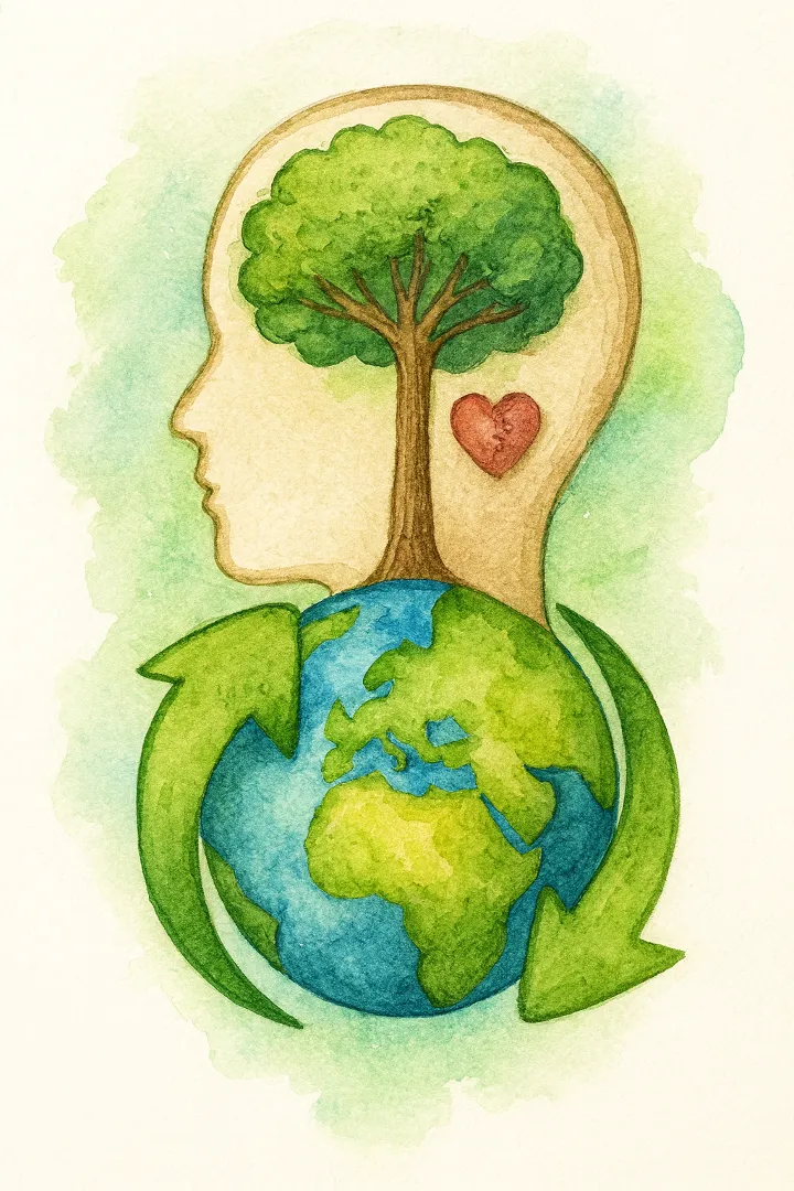 Watercolour illustration of a head with a tree and a heart, above the Earth circled by recycling arrows