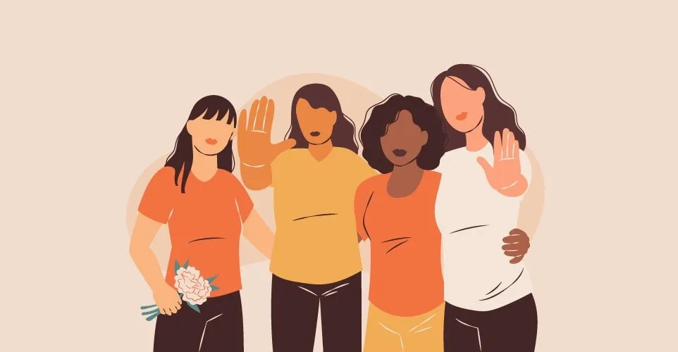Illustration of four women standing together, one of them holding flowers