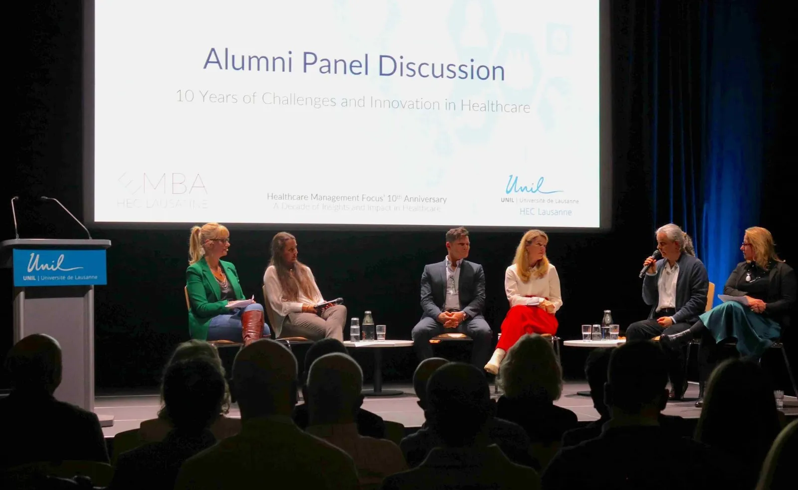 Alumni panel discussion on stage at the 10th anniversary of the Healthcare Management Focus