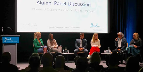 Alumni panel discussion on stage at the 10th anniversary of the Healthcare Management Focus